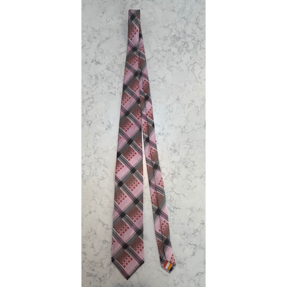 Bruno Conte by Don Jonathan Mens Pink Grey Plaid Geometric Necktie